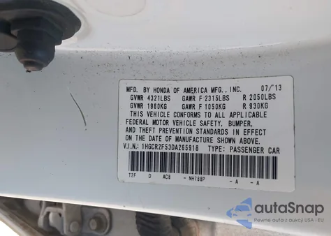 2013 Honda Accord Sport z USA, uszkodzony, nr VIN 1HGCR2F53DA265918